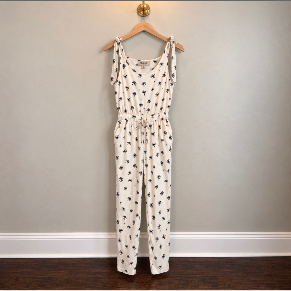 Madewell Palm Tree Print Tie Shoulder Jumpsuit Cream Navy C5738 Medium